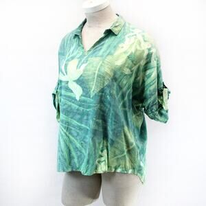 Caribe Boutique Green Watercolor Flower Roll Tab Sleeves Top Blouse Tunic Large